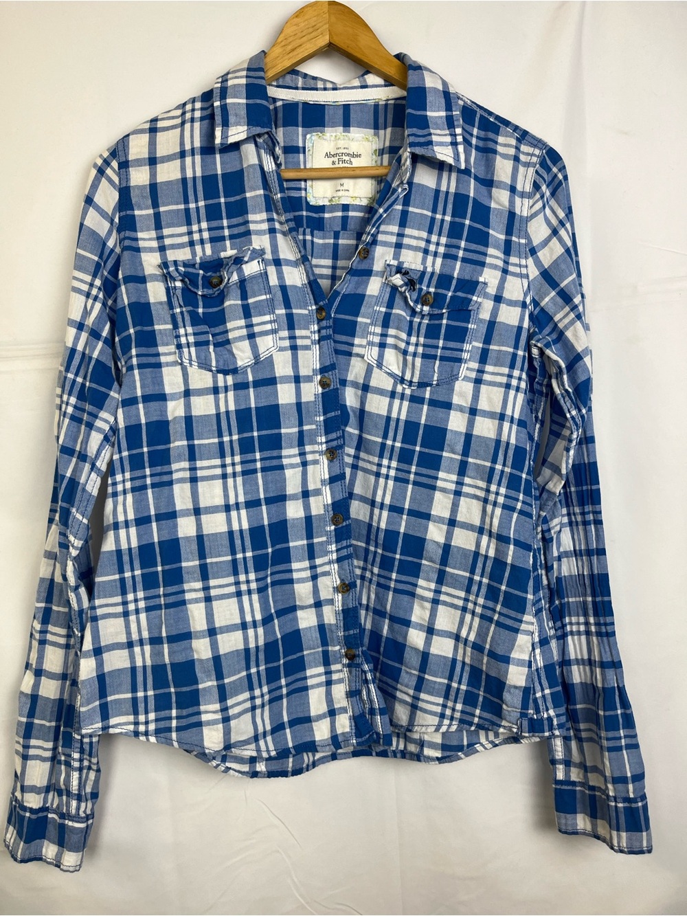 Vintage Y2K Abercrombie & Fitch white & blue‎ plaid button up shirt preppy
